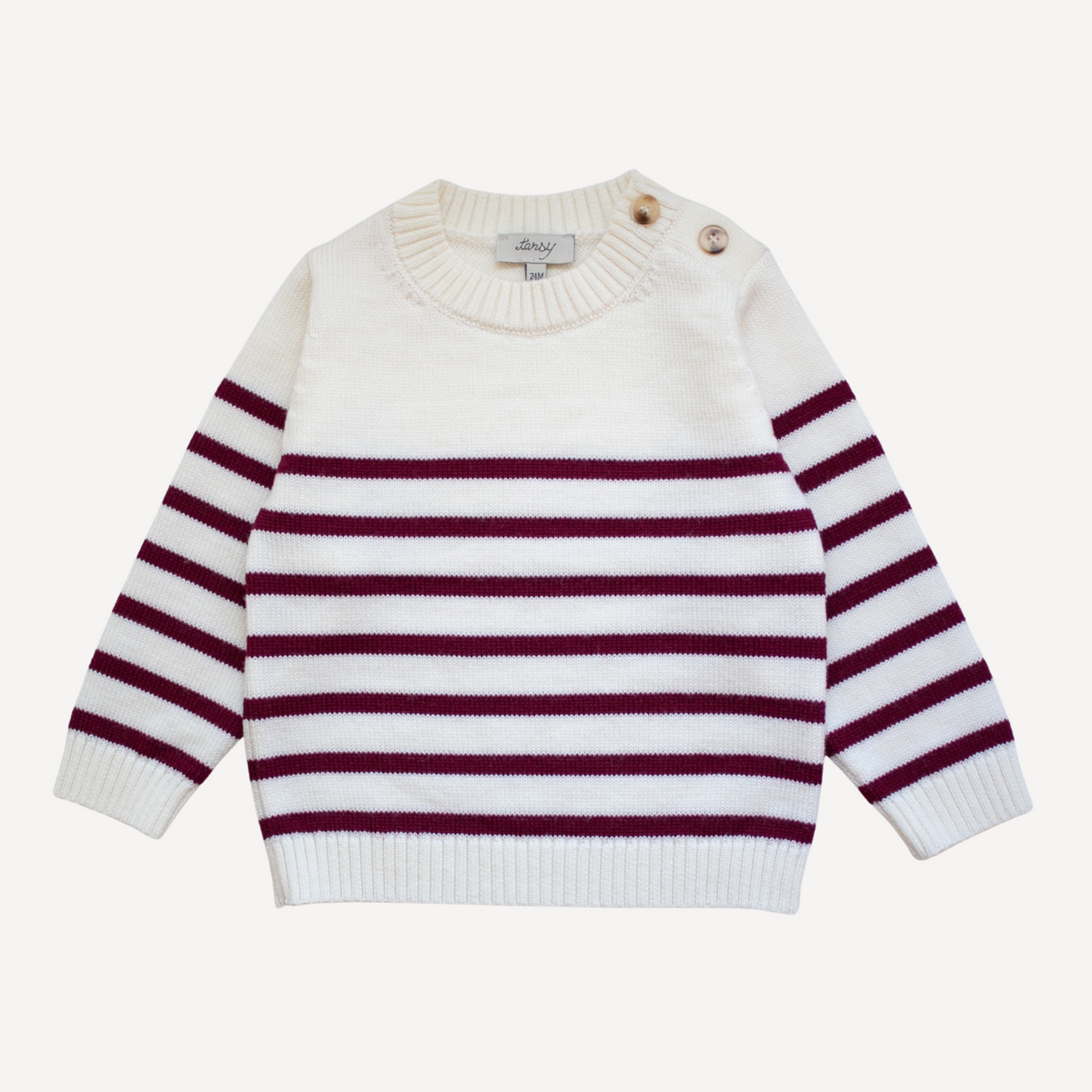 TANSY off-white and merlot red Breton stripe merino wool sweater for children