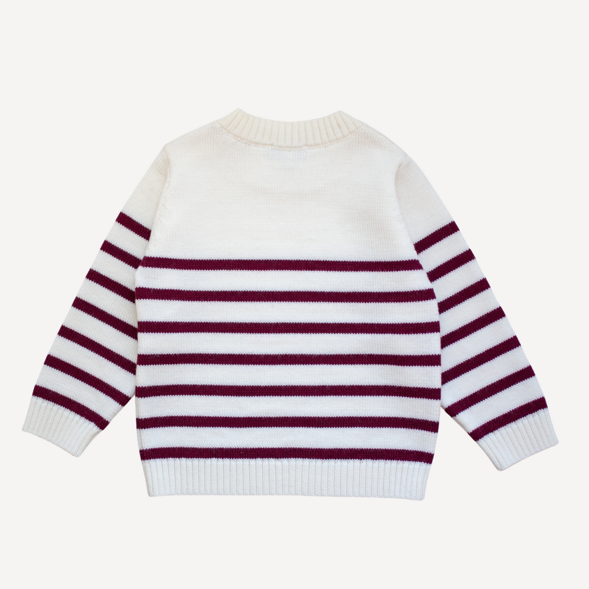 Off-white children's merino wool knitwear with merlot red Breton stripes