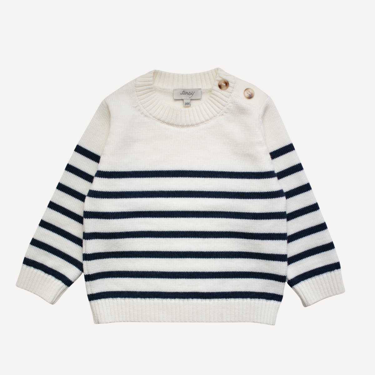 TANSY off-white and navy Breton stripe merino wool sweater for children