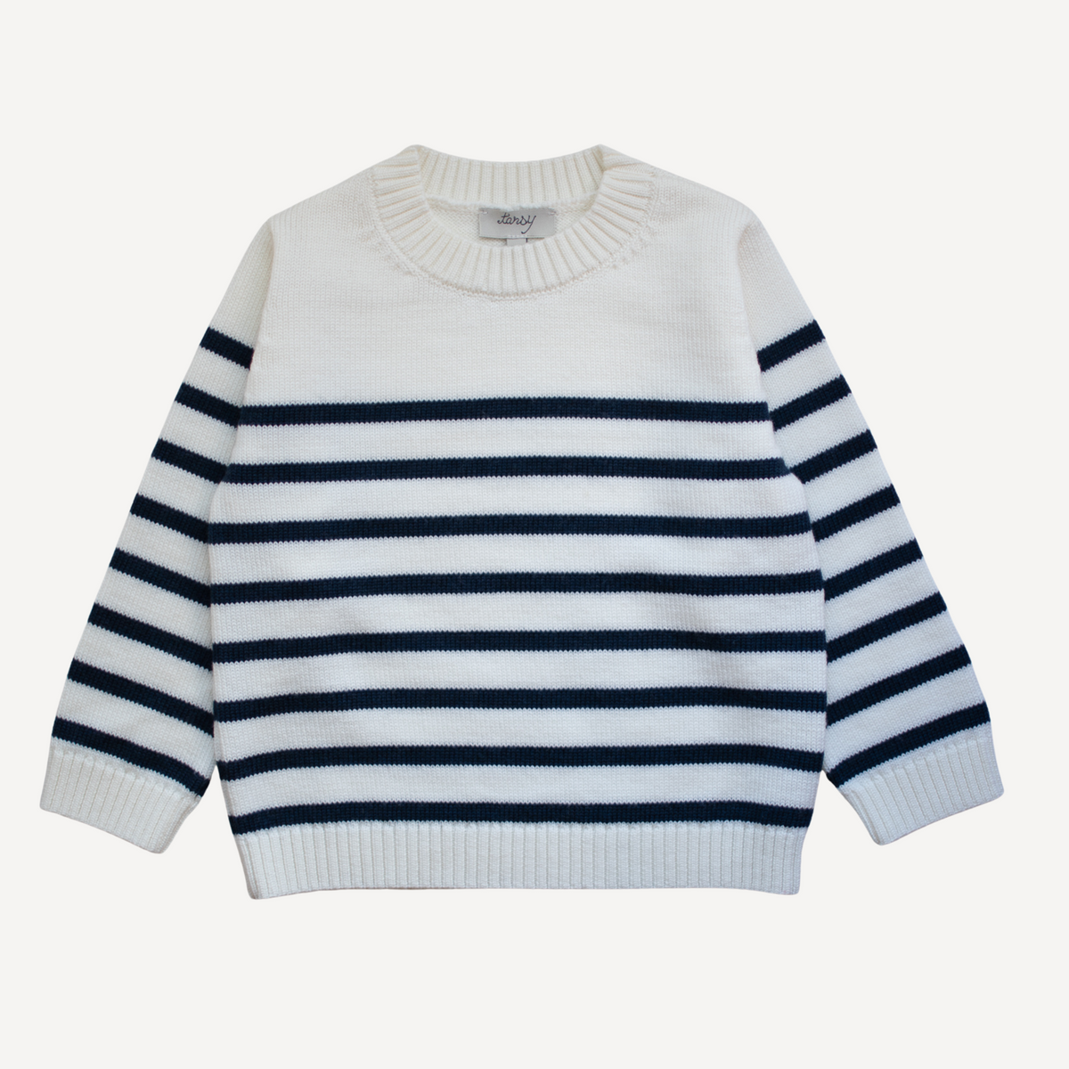 TANSY children's off-white merino wool sweater with navy Breton stripes