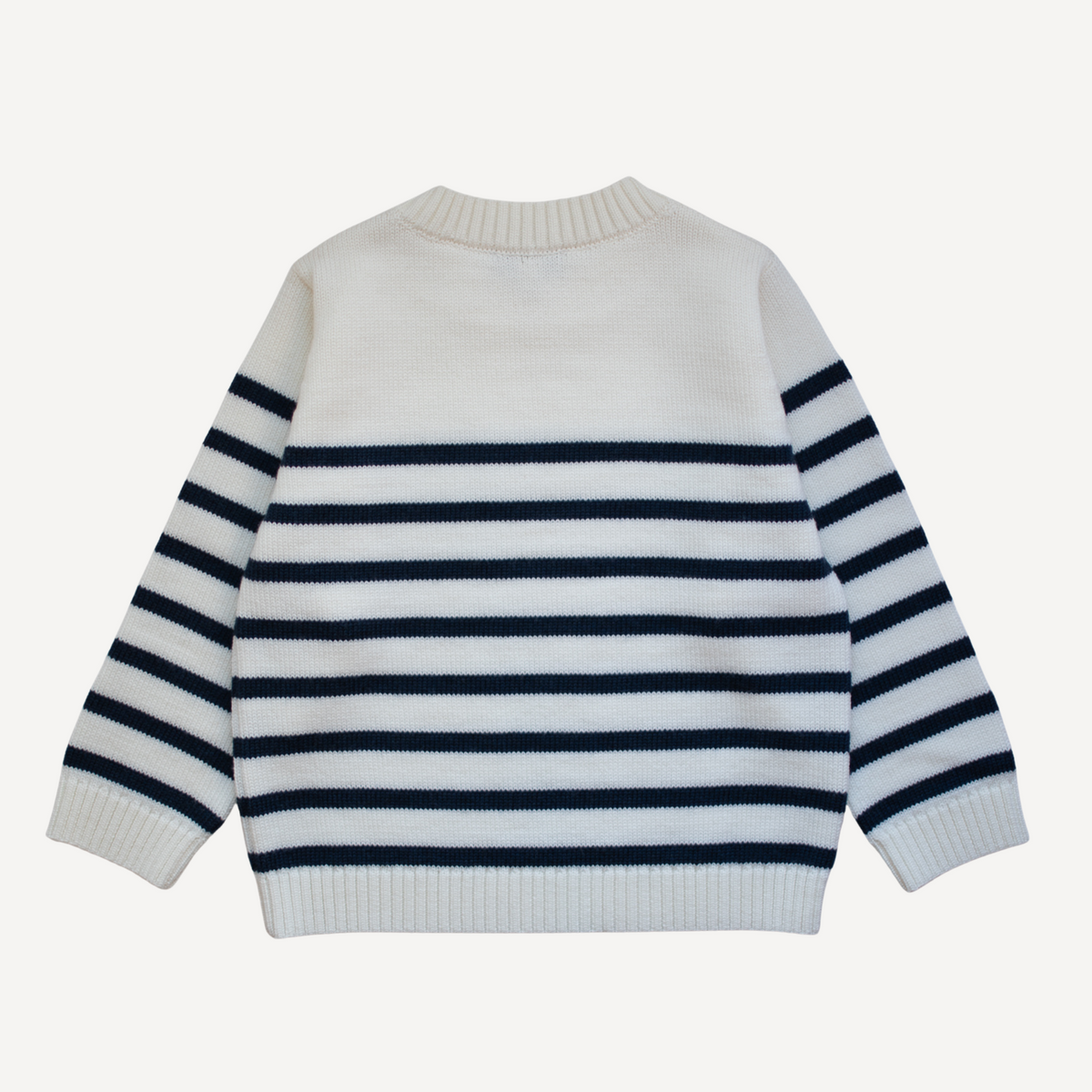 Off-white children's merino wool sweater with classic navy Breton stripes