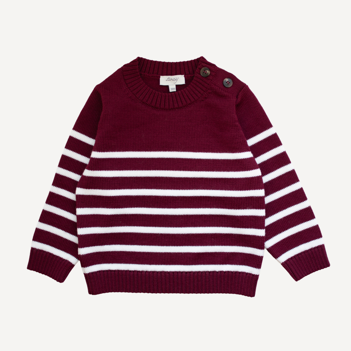 TANSY merlot red and off-white Breton stripe merino wool sweater for children