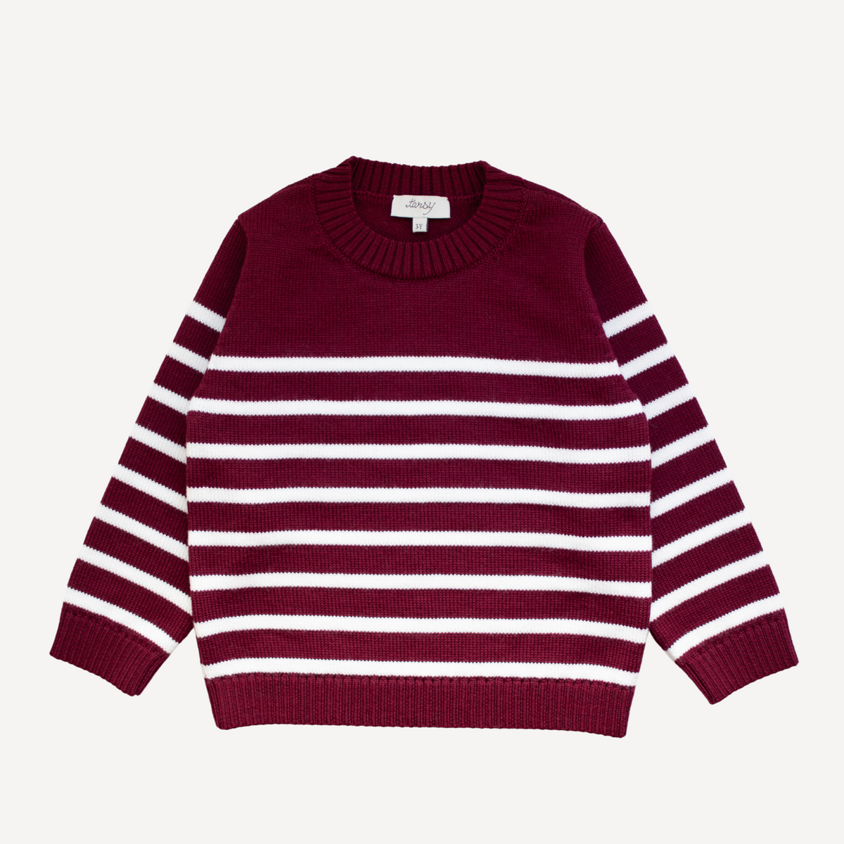 Children's merlot red and off-white Breton stripe merino wool sweater by TANSY