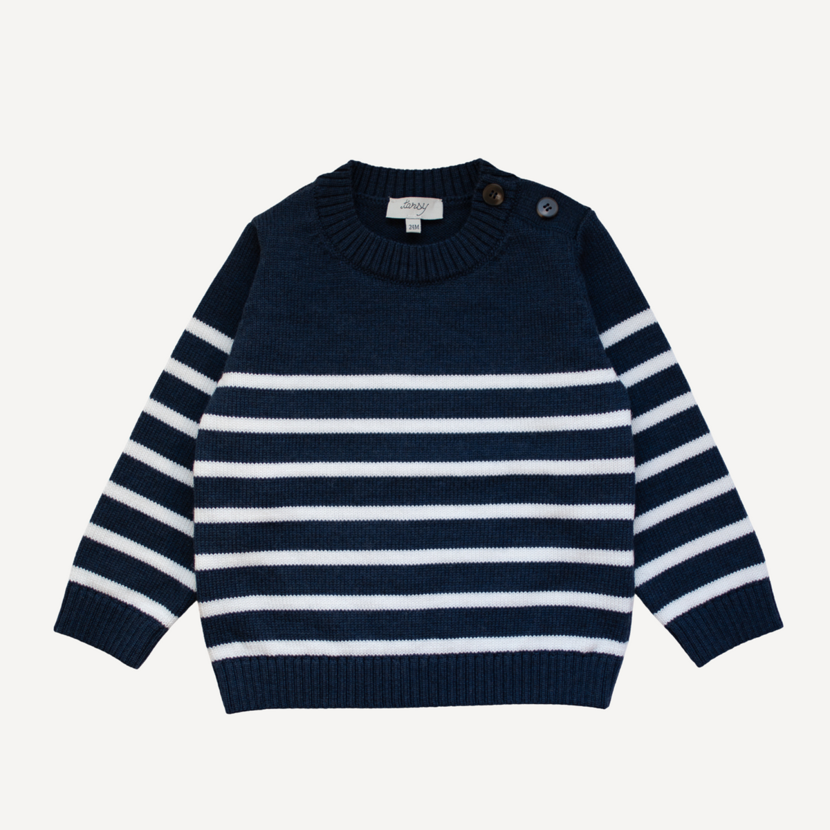 TANSY navy and off-white Breton stripe merino wool sweater for children