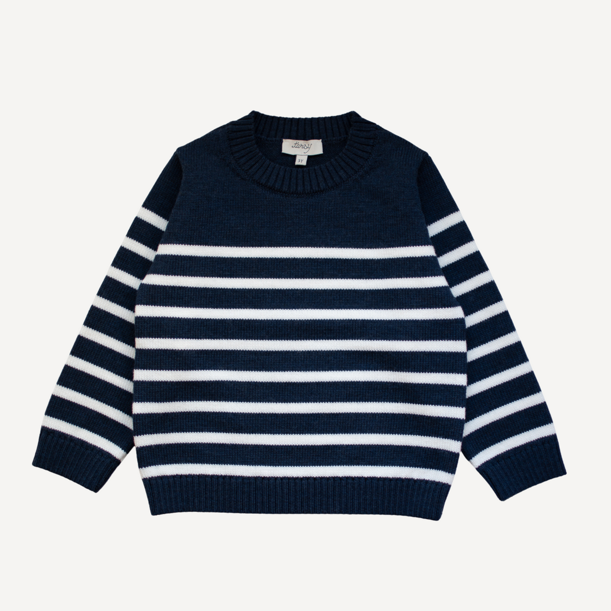 Children's navy merino wool sweater with off-white Breton stripes by TANSY