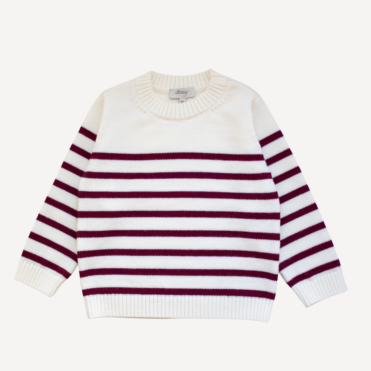 Children's off-white merino wool sweater with merlot red Breton stripes by TANSY